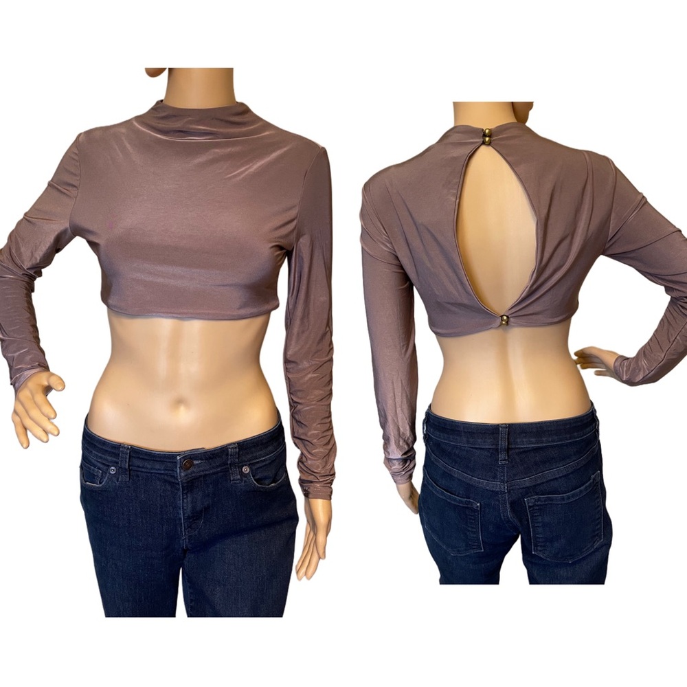 Silky crop top club top long sleeve button back